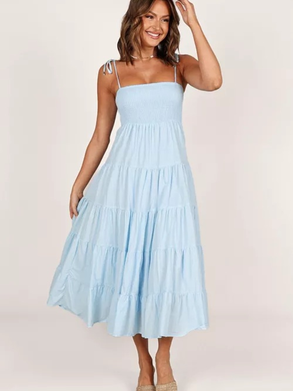 Petal & Pup Carroll Shirred Bodice Light Blue Smocked Tiered Midi Dress Size XL
